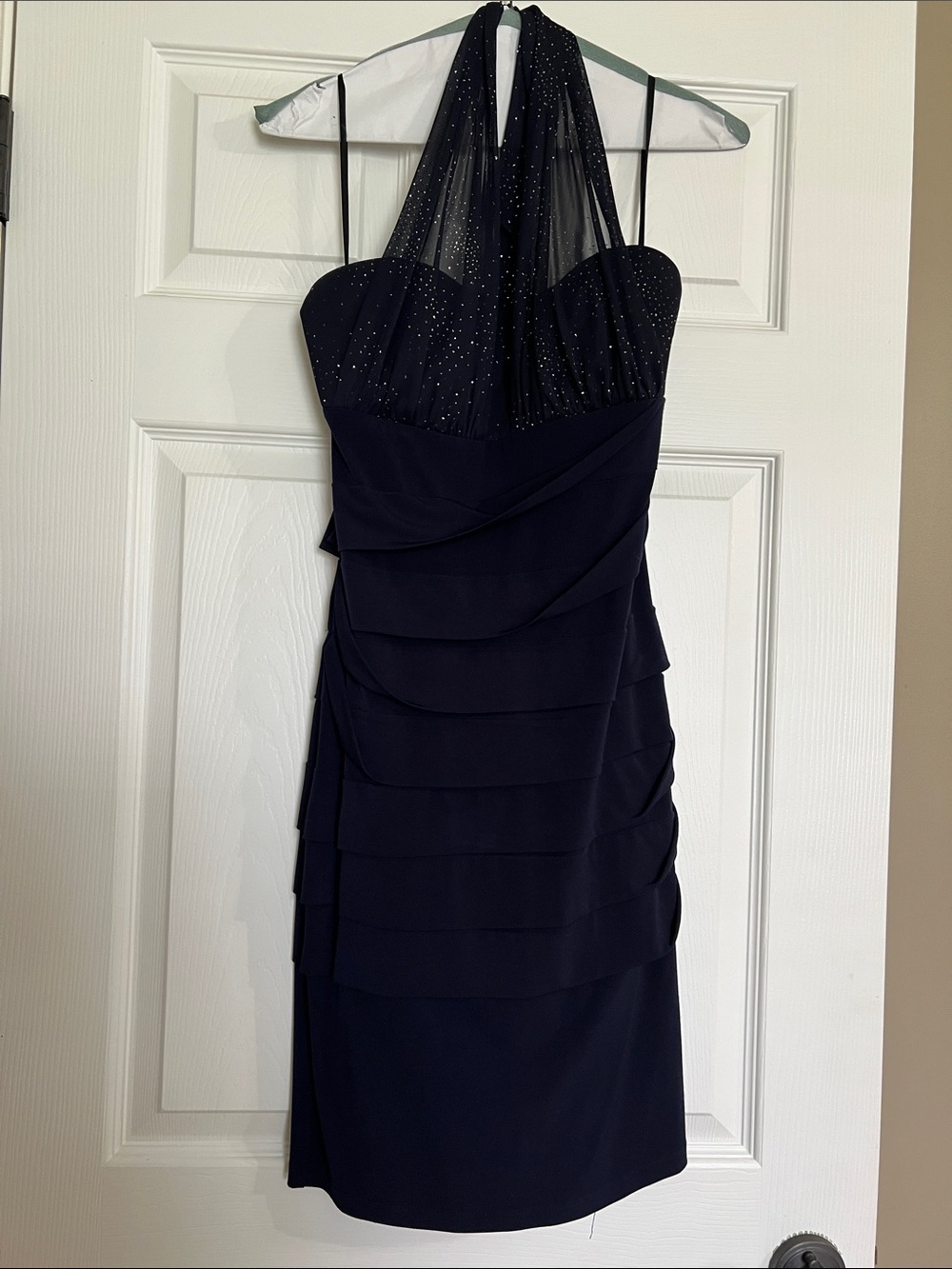 Valerie Bertinelli Navy One-Shoulder Cocktail Dress with Sparkle Mesh